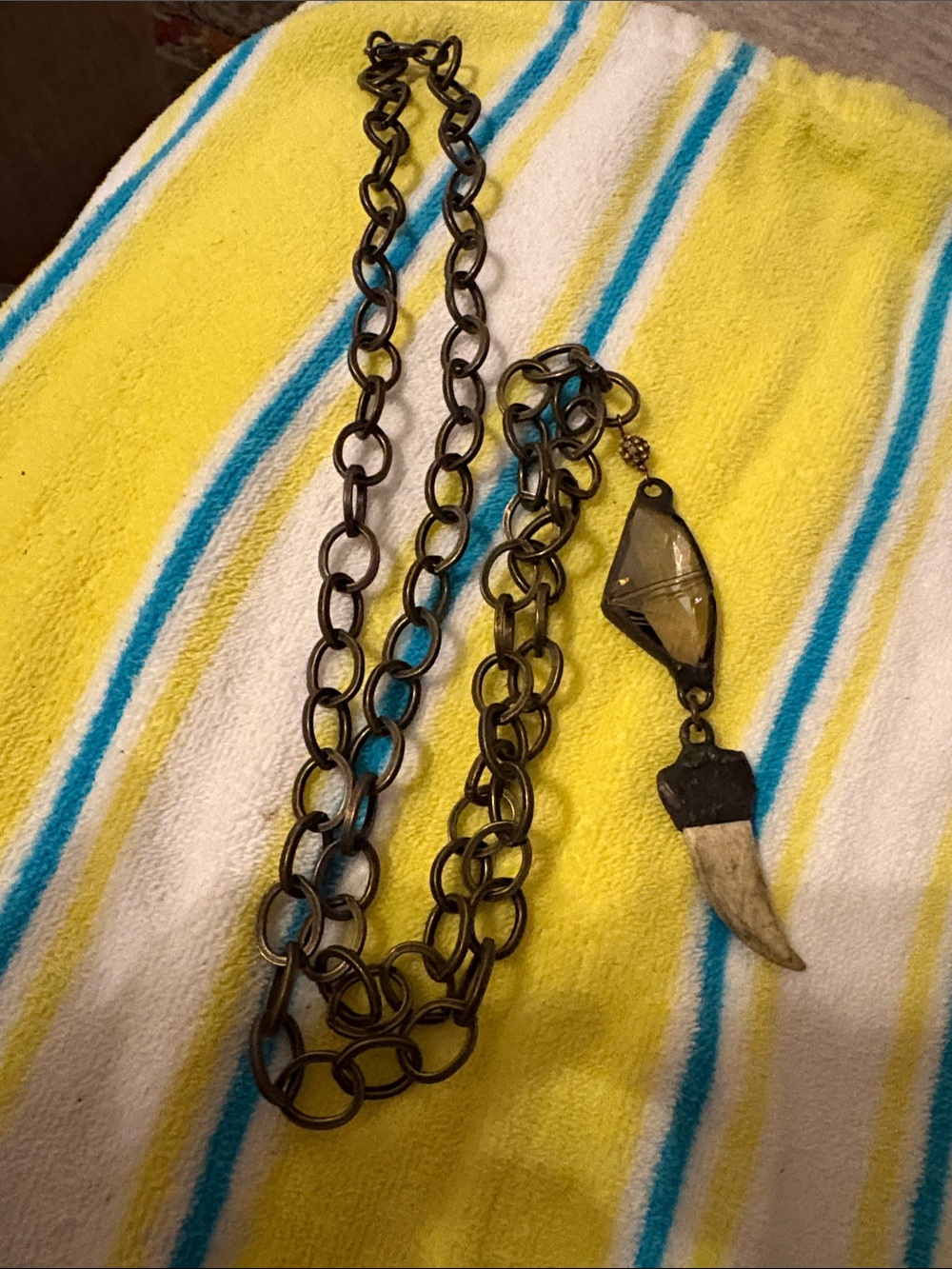 Antique Brass Chain Necklace with Horn & Stone Pendant